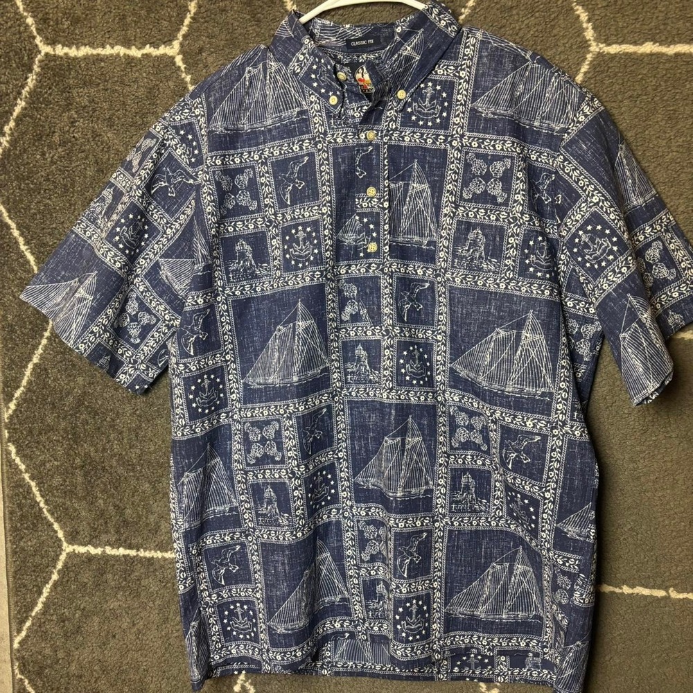 Reyn Spooner Hawaiian Blue Sail Boat Design Navy Blue Large Button Down Large